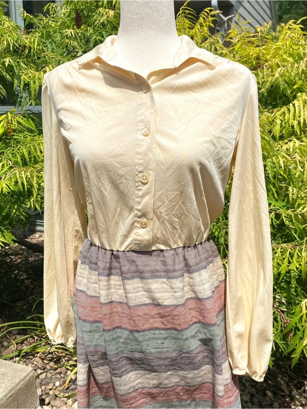 Vintage 70’s Kay Windsor Earth Tone Striped Dress and Vest Outfit Medium Large